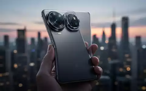 A close-up of a modern smartphone's camera module, highlighting a large telephoto lens, held against a blurred city background at dusk. - Foto: über boerse-global.de