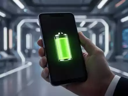 Ein modernes Smartphone mit leuchtendem Bildschirm, der ein Batteriesymbol anzeigt, gehalten von einer Hand in einem Tech-Umfeld. - Foto: über boerse-global.de