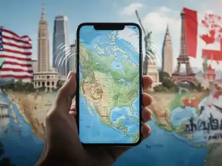 A hand holding a smartphone with a North American map and network signal icons. Blurred US, Mexico, and Canada landmarks in background. - Foto: über boerse-global.de