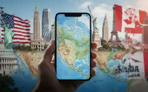 A hand holding a smartphone with a North American map and network signal icons. Blurred US, Mexico, and Canada landmarks in background. - Foto: über boerse-global.de