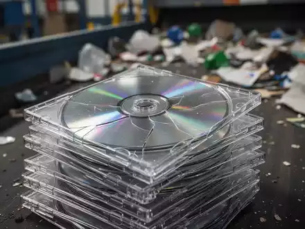 Nahaufnahme eines Stapels transparenter CD-Hüllen aus Kunststoff mit einem unscharfen Hintergrund einer Recyclinganlage. - Foto: über boerse-global.de