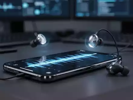 A smartphone displaying an audio waveform, wirelessly connected to high-fidelity earbuds, symbolizing advanced audio technology. - Foto: über boerse-global.de