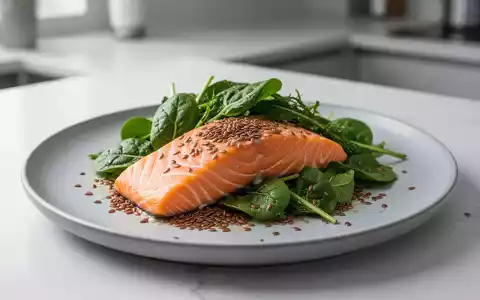 Eine gesunde Mahlzeit mit Lachs, grünem Blattgemüse und Leinsamen auf einem Teller, Fokus auf entzündungshemmende Lebensmittel. - Foto: über boerse-global.de