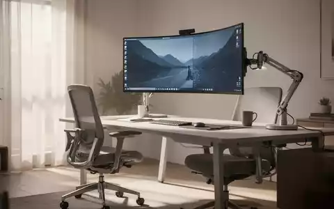 Ein modernes Homeoffice mit ergonomischem Schreibtischstuhl, höhenverstellbarem Schreibtisch und einem großen gebogenen Monitor an einem Monitorarm. - Foto: über boerse-global.de