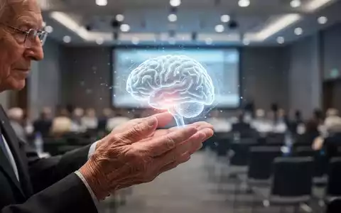 Hände eines älteren Menschen halten ein leuchtendes Gehirn-Hologramm in einer modernen Konferenzumgebung, das Forschung und Hoffnung symbolisiert. - Foto: über boerse-global.de