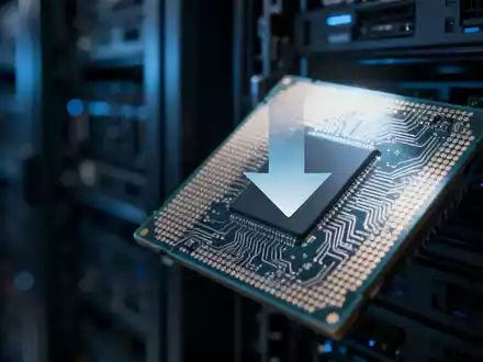 Nahaufnahme eines Mikrochips mit komplexen Schaltkreisen und einer subtilen Grafik, die einen Abwärtstrend darstellt, in einem Rechenzentrum. - Foto: über boerse-global.de