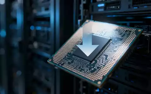 Nahaufnahme eines Mikrochips mit komplexen Schaltkreisen und einer subtilen Grafik, die einen Abwärtstrend darstellt, in einem Rechenzentrum. - Foto: über boerse-global.de