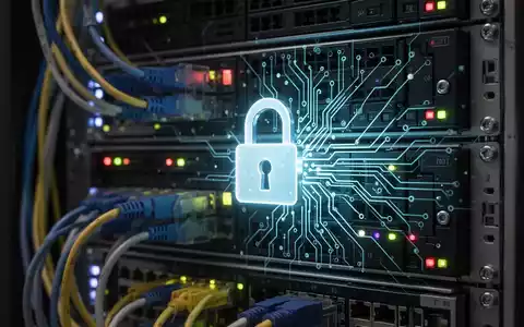 Nahaufnahme eines Server-Racks mit blinkenden Lichtern und Netzwerkkabeln, ein digitales Vorhängeschloss-Symbol über einer leuchtenden Platine. - Foto: über boerse-global.de