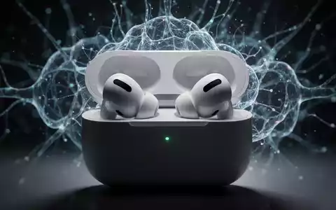 Close-up of Apple AirPods Pro earbuds in their charging case, with a subtle, glowing AI network graphic in the background. - Foto: über boerse-global.de