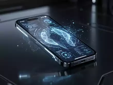 A sleek, futuristic smartphone, resembling an iPhone 18 Pro Max, with a glowing screen displaying abstract AI data, in a high-tech setting. - Foto: über boerse-global.de