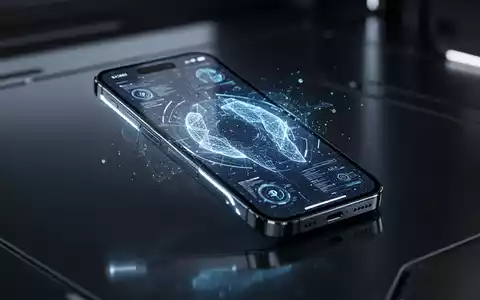 A sleek, futuristic smartphone, resembling an iPhone 18 Pro Max, with a glowing screen displaying abstract AI data, in a high-tech setting. - Foto: über boerse-global.de