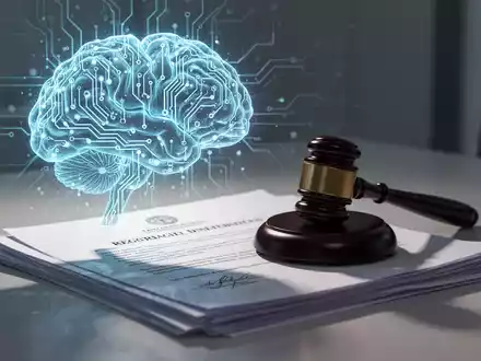 Ein stilisiertes, leuchtendes neuronales Netzwerk oder KI-Gehirn wirft einen Schatten auf juristische Dokumente oder einen Richterhammer. - Foto: über boerse-global.de