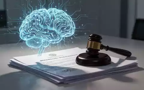 Ein stilisiertes, leuchtendes neuronales Netzwerk oder KI-Gehirn wirft einen Schatten auf juristische Dokumente oder einen Richterhammer. - Foto: über boerse-global.de