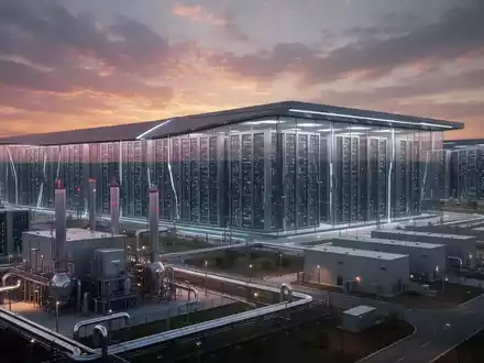 A vast, futuristic data center campus with a natural gas power plant under a dramatic Texas sunset, symbolizing Microsoft's expansion. - Foto: über boerse-global.de