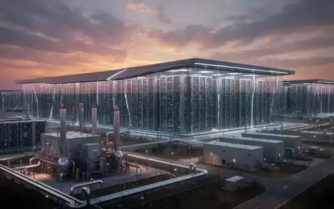 A vast, futuristic data center campus with a natural gas power plant under a dramatic Texas sunset, symbolizing Microsoft's expansion. - Foto: über boerse-global.de