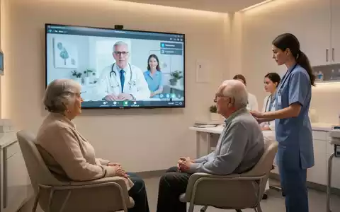 Ein Patient sitzt vor einem Bildschirm, der einen Arzt zeigt, während eine medizinische Fachkraft daneben assistiert, in einem modernen Behandlungsraum. - Foto: über boerse-global.de