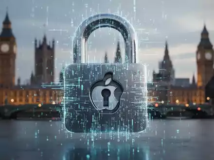 Ein stilisiertes digitales Vorhängeschloss mit integriertem Apple-Logo vor einem verschwommenen Hintergrund der Londoner Skyline. - Foto: über boerse-global.de