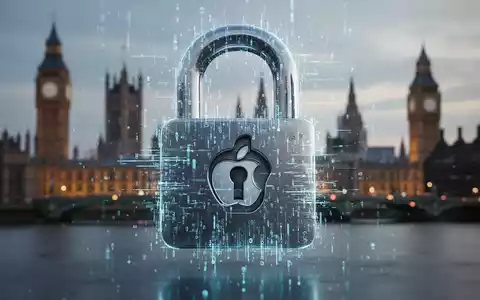 Ein stilisiertes digitales Vorhängeschloss mit integriertem Apple-Logo vor einem verschwommenen Hintergrund der Londoner Skyline. - Foto: über boerse-global.de