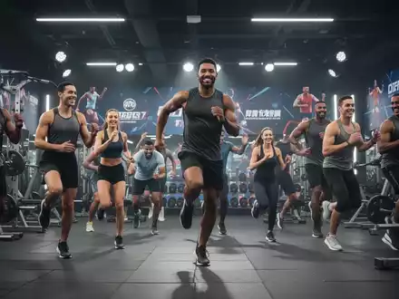Eine Gruppe von Menschen trainiert in einem modernen Fitnessstudio, während im Hintergrund ein Fußballspiel auf einem Bildschirm läuft. - Foto: über boerse-global.de
