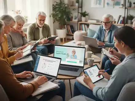 Menschen unterschiedlichen Alters nehmen an Online-Vorträgen zur Gesundheitsinformation teil, nutzen Laptops und Tablets. - Foto: über boerse-global.de