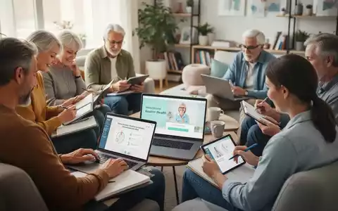 Menschen unterschiedlichen Alters nehmen an Online-Vorträgen zur Gesundheitsinformation teil, nutzen Laptops und Tablets. - Foto: über boerse-global.de