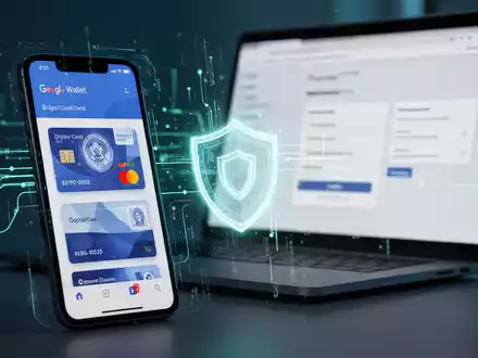 Smartphone showing Google Wallet, a laptop with an autofilling form, and a security shield icon. Digital data flows connect them. - Foto: über boerse-global.de