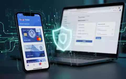 Smartphone showing Google Wallet, a laptop with an autofilling form, and a security shield icon. Digital data flows connect them. - Foto: über boerse-global.de