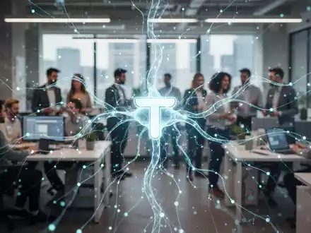 A glowing, abstract neural network design overlaid on a modern office, symbolizing AI integration and efficiency in the travel tech sector. - Foto: über boerse-global.de