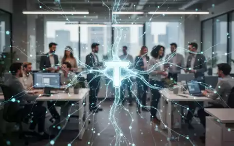 A glowing, abstract neural network design overlaid on a modern office, symbolizing AI integration and efficiency in the travel tech sector. - Foto: über boerse-global.de