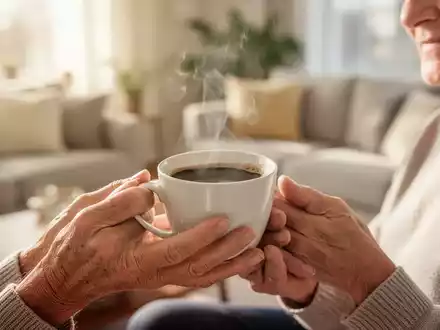 Ältere Hände halten eine dampfende Kaffeetasse in einem gemütlichen Wohnzimmer, symbolisierend kognitive Gesundheit und Wohlbefinden. - Foto: über boerse-global.de