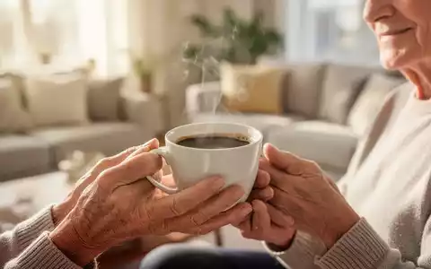 Ältere Hände halten eine dampfende Kaffeetasse in einem gemütlichen Wohnzimmer, symbolisierend kognitive Gesundheit und Wohlbefinden. - Foto: über boerse-global.de