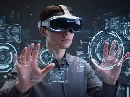 A person wearing a Samsung Galaxy XR headset, interacting with virtual elements in a futuristic setting. - Foto: über boerse-global.de