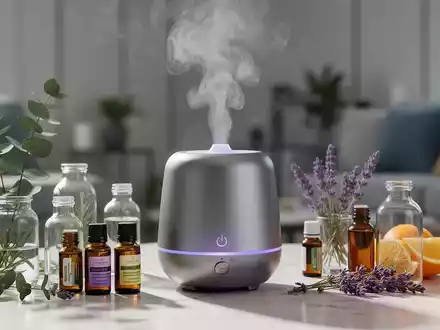Ein moderner, wasserloser Diffusor für ätherische Öle, umgeben von Flaschen mit Ölen wie Eukalyptus und Lavendel, in einem sauberen Raum. - Foto: über boerse-global.de