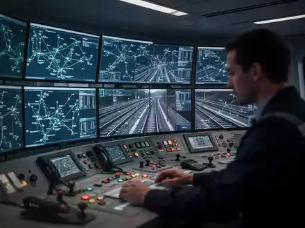 A dimly lit, modern train control center with multiple screens displaying network diagrams, suggesting a technical disruption. - Foto: über boerse-global.de