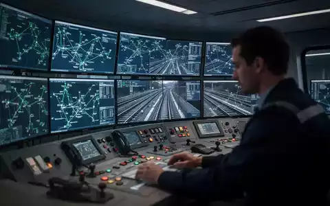 A dimly lit, modern train control center with multiple screens displaying network diagrams, suggesting a technical disruption. - Foto: über boerse-global.de