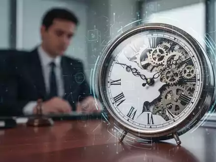 Eine Uhr mit Zahnrädern im Vordergrund, ein unscharfer Büroangestellter im Hintergrund, symbolisiert Arbeitszeitreform und Regulierung. - Foto: über boerse-global.de