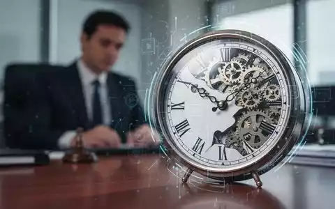 Eine Uhr mit Zahnrädern im Vordergrund, ein unscharfer Büroangestellter im Hintergrund, symbolisiert Arbeitszeitreform und Regulierung. - Foto: über boerse-global.de