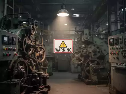 Nahaufnahme von komplexen Zahnrädern und einem Bedienfeld in einer alten Industriemaschine, die von einem einzelnen Scheinwerfer beleuchtet wird. - Foto: über boerse-global.de