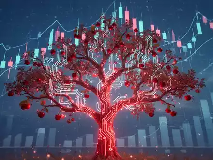 Ein stilisierter Kirschbaum mit leuchtenden Zweigen aus Leiterplatten, der in einen Himmel voller steigender Börsenkurse ragt. - Foto: über boerse-global.de