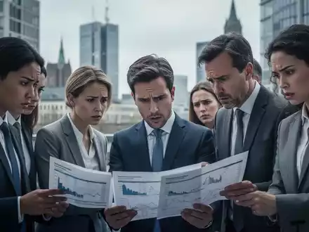 Geschäftsleute in einer deutschen Stadt, die Finanzdokumente prüfen und sich besorgt über die wirtschaftliche Stagnation zeigen. - Foto: über boerse-global.de