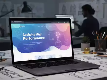 A laptop displaying a modern website template for creative professionals, with design tools and sketches blurred in the background. - Foto: über boerse-global.de