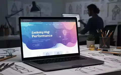 A laptop displaying a modern website template for creative professionals, with design tools and sketches blurred in the background. - Foto: über boerse-global.de