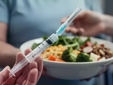 Nahaufnahme einer Spritze mit unscharfem Hintergrund einer Hand, die eine gesunde Mahlzeit hält, symbolisiert medizinische Behandlung und Lebensstiländerung. - Foto: über boerse-global.de