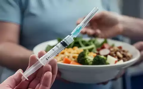 Nahaufnahme einer Spritze mit unscharfem Hintergrund einer Hand, die eine gesunde Mahlzeit hält, symbolisiert medizinische Behandlung und Lebensstiländerung. - Foto: über boerse-global.de