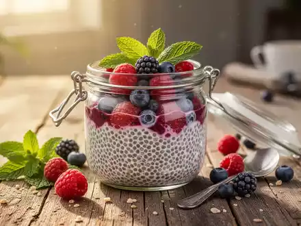 Ein Glas Chia-Pudding mit frischen Beeren und Minze auf einem Holztisch, im sanften Morgenlicht. Fokus auf ein gesundes Frühstück. - Foto: über boerse-global.de