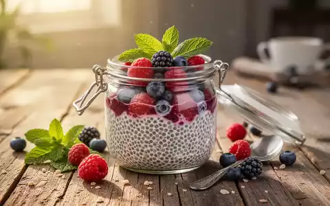 Ein Glas Chia-Pudding mit frischen Beeren und Minze auf einem Holztisch, im sanften Morgenlicht. Fokus auf ein gesundes Frühstück. - Foto: über boerse-global.de