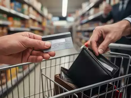 Eine Hand hält eine Bankkarte, während im Hintergrund eine andere Hand versucht, eine Brieftasche aus einem Einkaufswagen zu stehlen. - Foto: über boerse-global.de