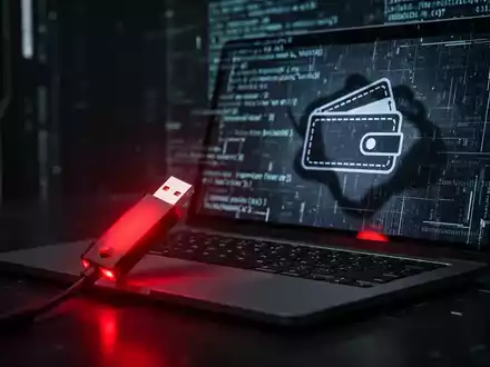 Ein rot leuchtender USB-Stick ist mit einem Laptop verbunden, dessen Bildschirm digitalen Code und ein Krypto-Wallet-Symbol anzeigt. - Foto: über boerse-global.de