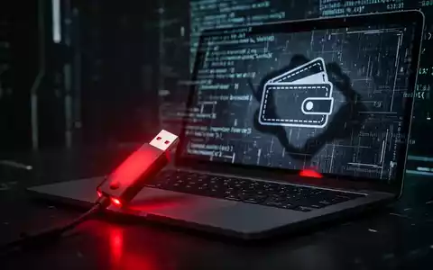 Ein rot leuchtender USB-Stick ist mit einem Laptop verbunden, dessen Bildschirm digitalen Code und ein Krypto-Wallet-Symbol anzeigt. - Foto: über boerse-global.de