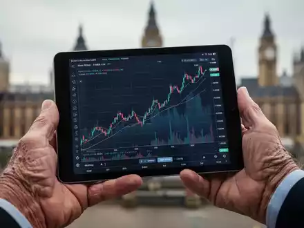 Ältere Hand hält Tablet mit Finanzgrafik, im unscharfen Hintergrund sind Regierungsgebäude angedeutet. - Foto: über boerse-global.de